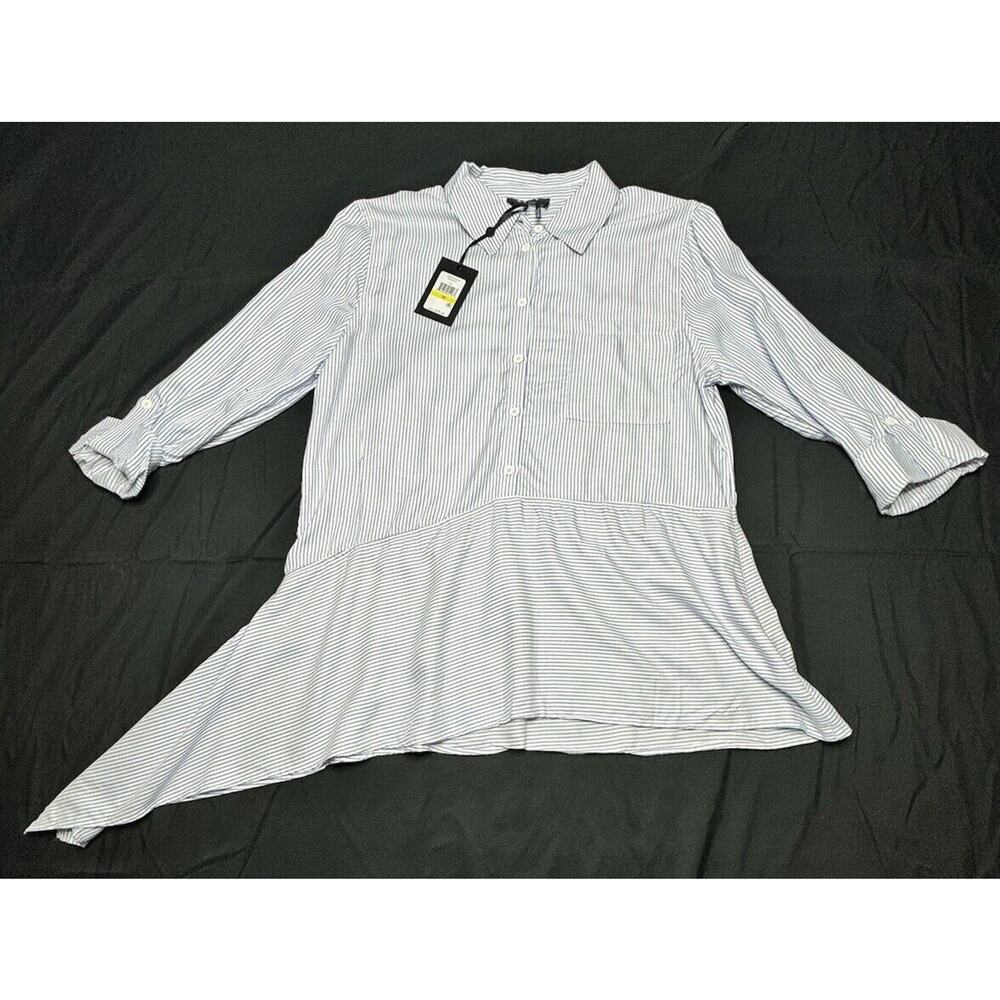 NWT DKNY Women's Roll Up Long Sleeve White Blue Striped‎ Button Up Blouse - M